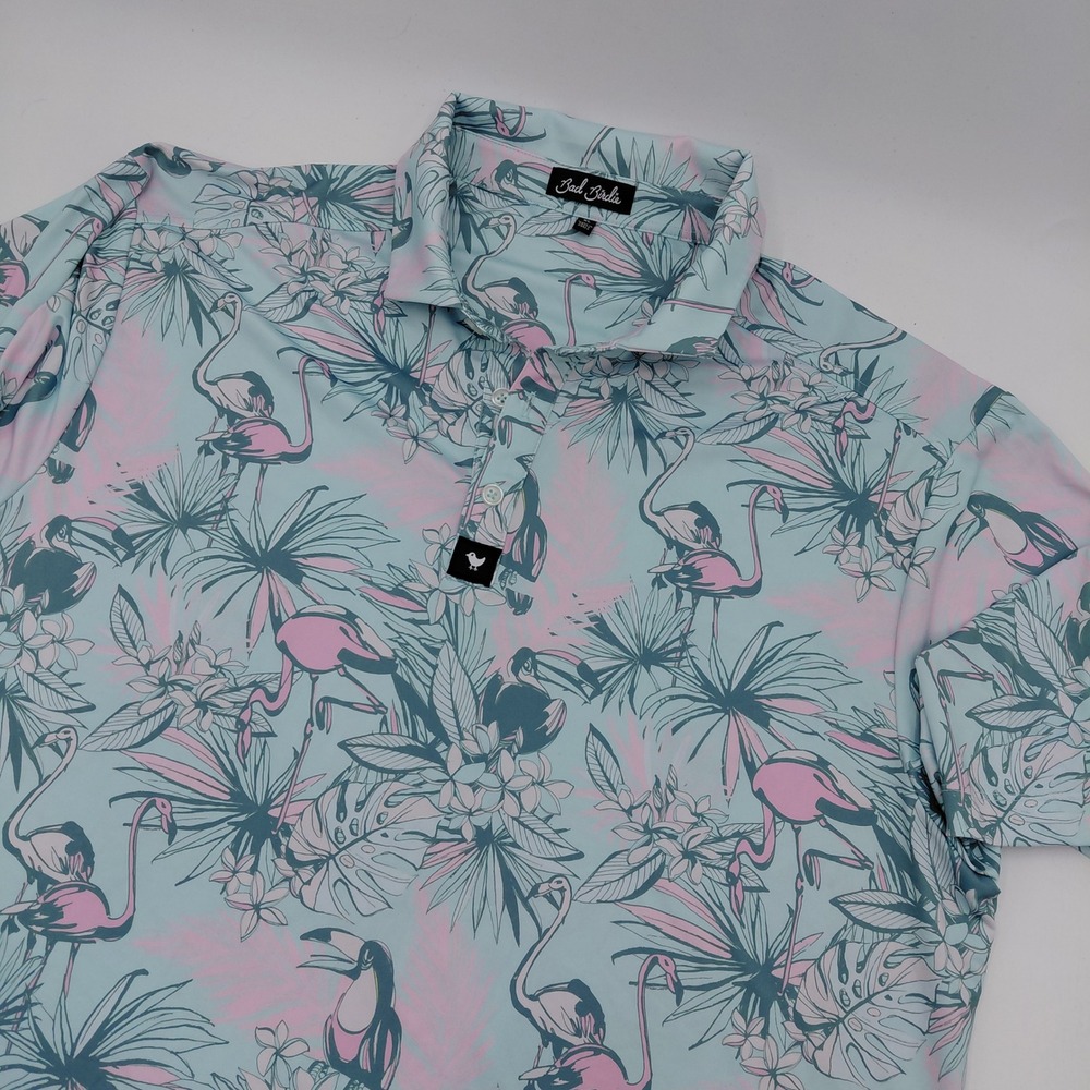 Bad Birdie Mens Golf Polo Shirt XL Blue Pink Flamingo Toucan Tropical Print